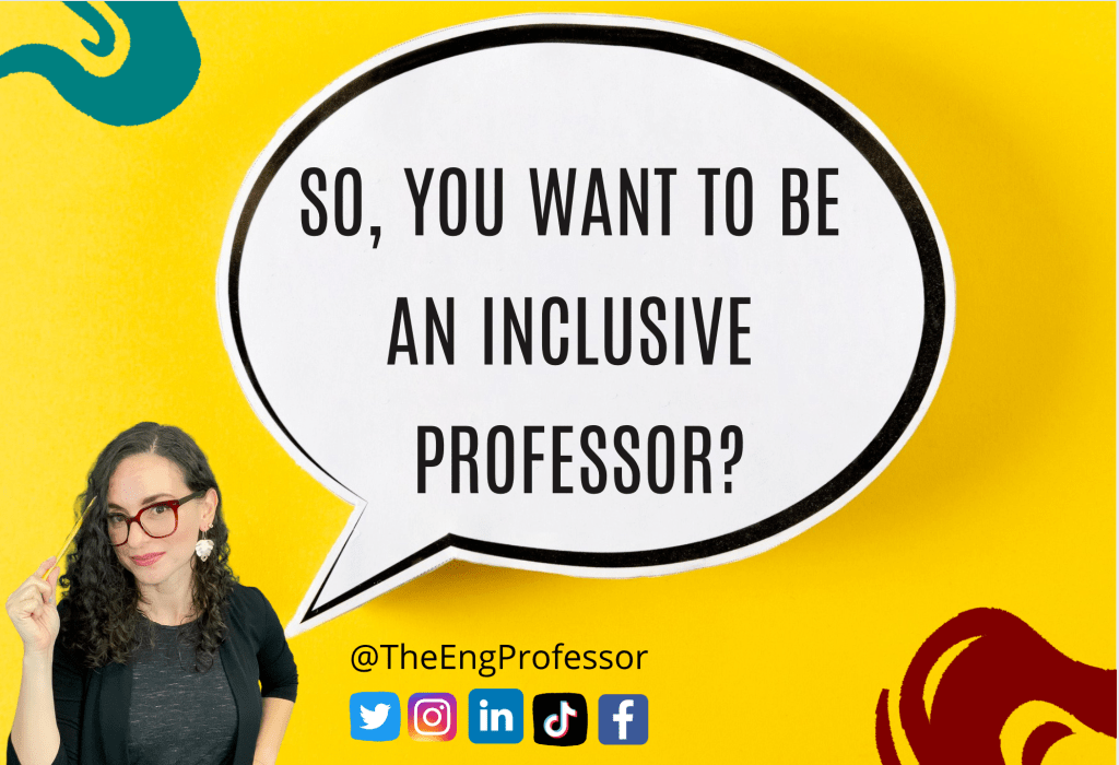 Hispanic woman wearing a black blouse and holding a pen towards her head while asking on a call out: So, you wan to be an inclusive professor? 
